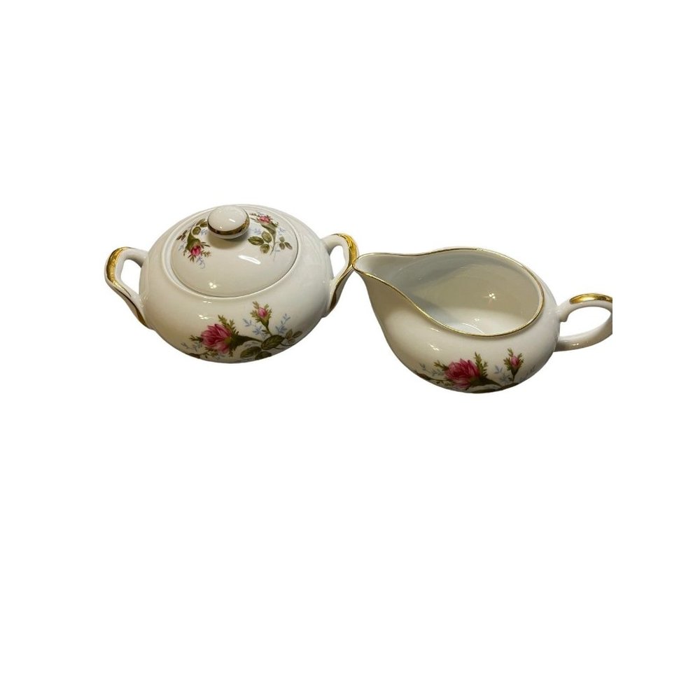 Vintage moss rose creamer & sugar w/lid by Sango japan BoxV74